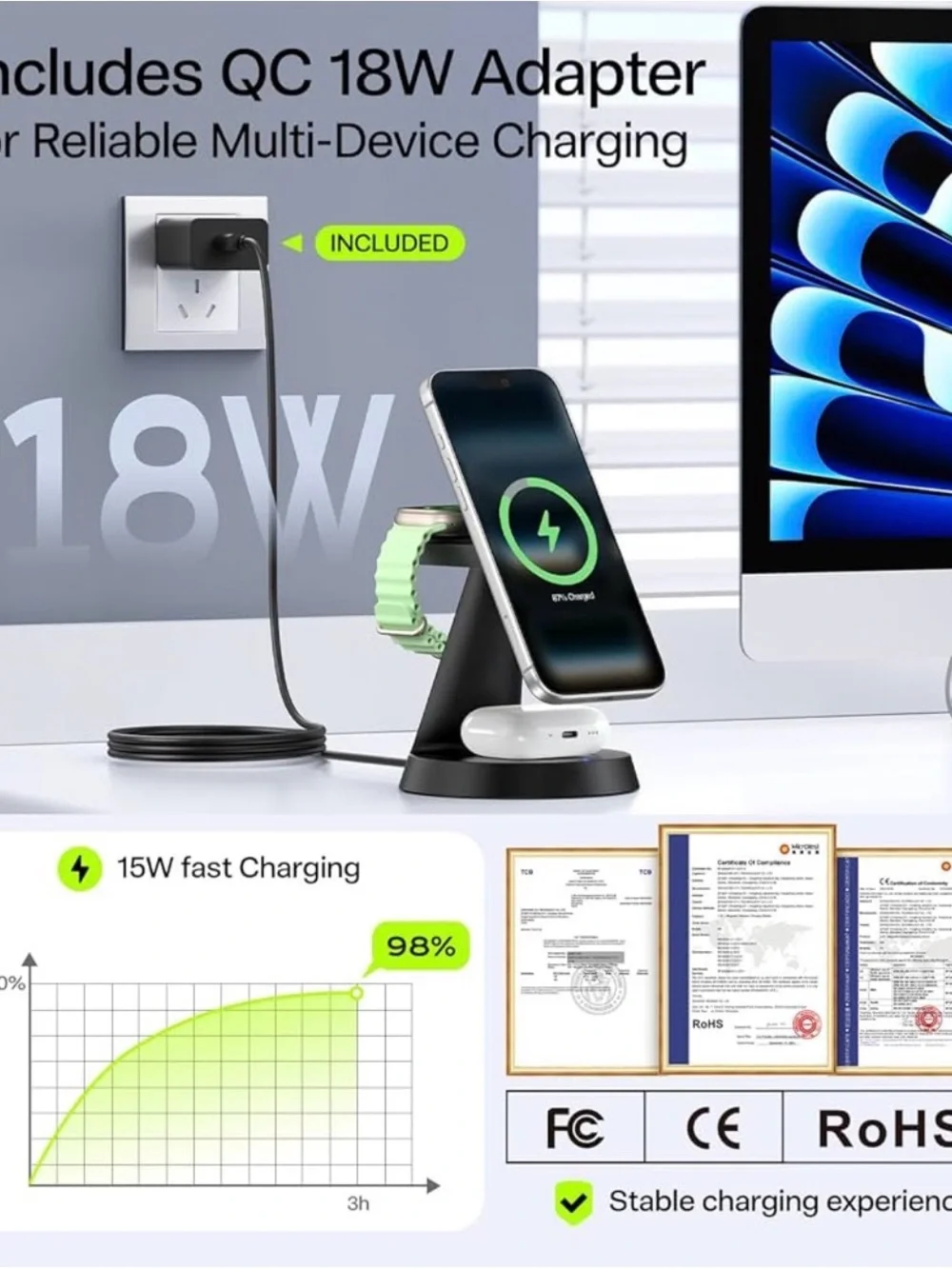 3-in-1 Magnetic Charging Stand for Phone, Watch and Earbuds - Mint Green